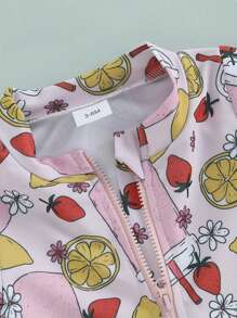 Girls Rash Guard Swimsuit Short Sleeve O Neck Rainbow/Star/Floral/Ice Cream Print Swim Romper - 粉色 - 查看 3