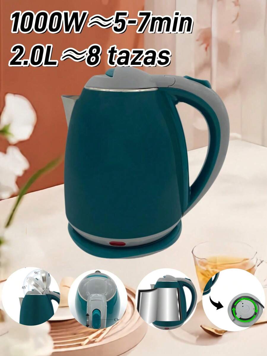 Tetera electrica,Hervidor eléctrico antiescaldamiento ,Hervidor de Agua Eléctrico, Tetera Eléctrica, Jarra Inalámbrica, 2 Litros, 1000 W, Acero Inoxidable, Resistente, Hierve agua en minutos, Base removible,