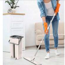MOP PLAT AVEC RACLETTE DE SOL + SEAU À DEUX COMPARTIMENTS Tapis de nettoyage à séchage rapide, Seau à franges de nettoyage de sol robuste, Accessoires de nettoyage de robinet de cuisine flexible, Tête de serpillière flexible 360°, Tampons réutilisables Nettoyants pour sol à la maison