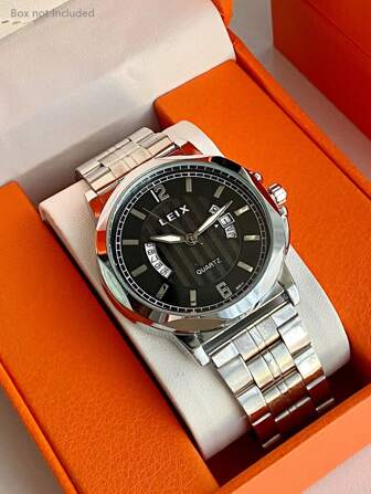 1 件男士银色钢带腕表，大表盘，个性化，适合商务、会议、派对，不含包装盒