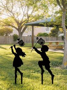 CIF BUY 1 件高品质铁黑色金属男孩女孩捕捉蝴蝶花园装饰地板塞，户外可作为个性化礼物丰富花园庭院 - 黑色 - 查看 2