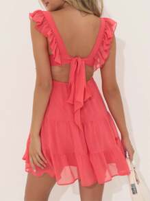 Women's Ruffle Strap Mini Dress Sleeveless Square Neck Solid Color Flowy Dress Summer Babydoll Dress - Đỏ - Xem 2