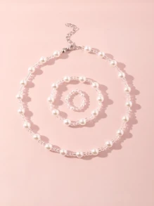 1pc Teen Beaded Necklace, 1pc Bracelet, 1pc Ring Set - White - View 6