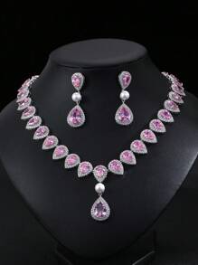 1 Set Of 3pcs Luxury Elegant Cubic Zirconia Necklace & Earrings Set, Bridal Wedding Party Dress Faux Pearl Jewelry Gift, Teardrop Decor For Women's Festive Wear