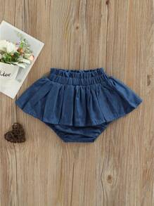 Toddler Baby Girl Denim Skirt Elastic Waist Ruffled Pleated Mini Skorts Infant Cute Summer Bottoms Short Skirts - Màu xanh lam - Xem 3