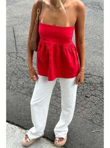 Women Sexy Strapless Ruffle Hem Tube Top Summer Solid Sleeveless Backless Tube Top Pleated Peplum Flowy Bandeau Top - Red - View 3