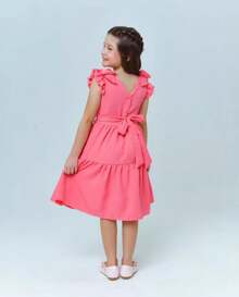 Premium Charm Dress Diva Gringa Versatile Wedding Birthday Party Round Girl Church Evangelical Fashion Baptism Young Teenager Girl Children's Gift Youth Fashion Fashion Blogger Luxury Details Sleeve Bow Beautiful Christmas New Year - 粉色 - 查看 3