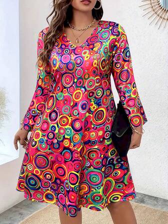 Women's Plus Size V-Neck Long Sleeve Circle Dress - Elegant Midi Dress With Flowy Skirt, Casual Office & Party Dress, Classic A-Line Spring Dress,Fashion Orange Plus Size Dresses