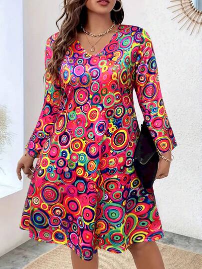 Women's Plus Size V-Neck Long Sleeve Circle Dress - Elegant Midi Dress With Flowy Skirt, Casual Office & Party Dress, Classic A-Line Spring Dress,Fashion Orange Plus Size Dresses