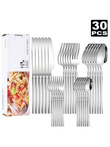 20/30 Pcs Set Stainless Steel Flatware Set, Slender Waist Design Knife Fork Spoon Dessert Spoon, Gift Box Packaging, Suitable For Home Kitchen, Hotel, Wedding And Holiday Gifts,School Supplies - Silver - View 8