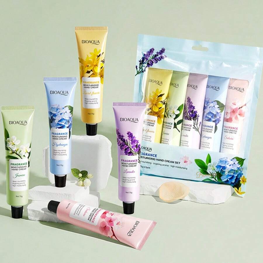 5 件装花果香护手霜礼品套装 - 深层保湿、细致毛孔、紧致肌肤、减少干燥和粗糙手部细纹 - 375 克礼品装 - 藍色植物護手霜套 - 查看 1