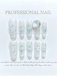 10pcs Handmade Oval Nail Art Stickers With Butterfly & Aurora Print, Cute, Sweet, Sexy, Ins & Y2K Style, Elegant Design Suitable For Ladies And Girls Press On Nails