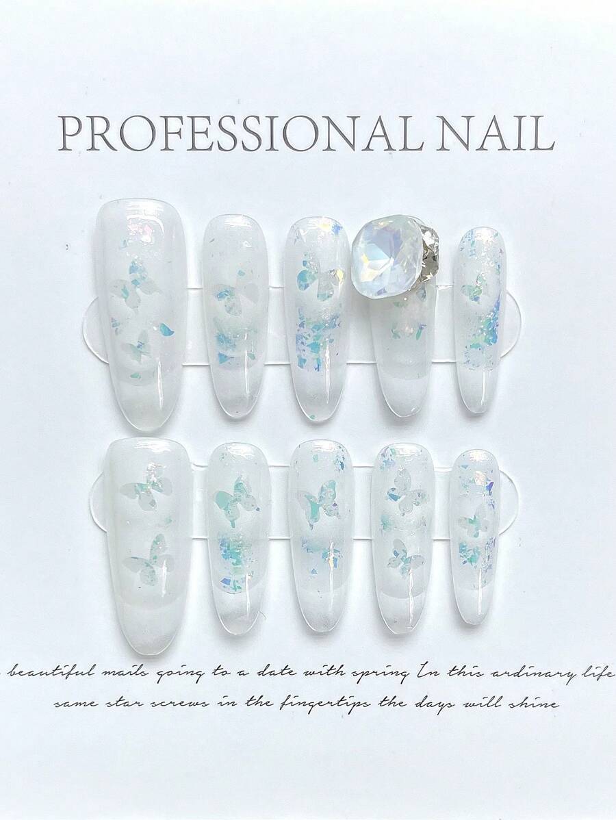 10pcs Handmade Oval Nail Art Stickers With Butterfly & Aurora Print, Cute, Sweet, Sexy, Ins & Y2K Style, Elegant Design Suitable For Ladies And Girls Press On Nails