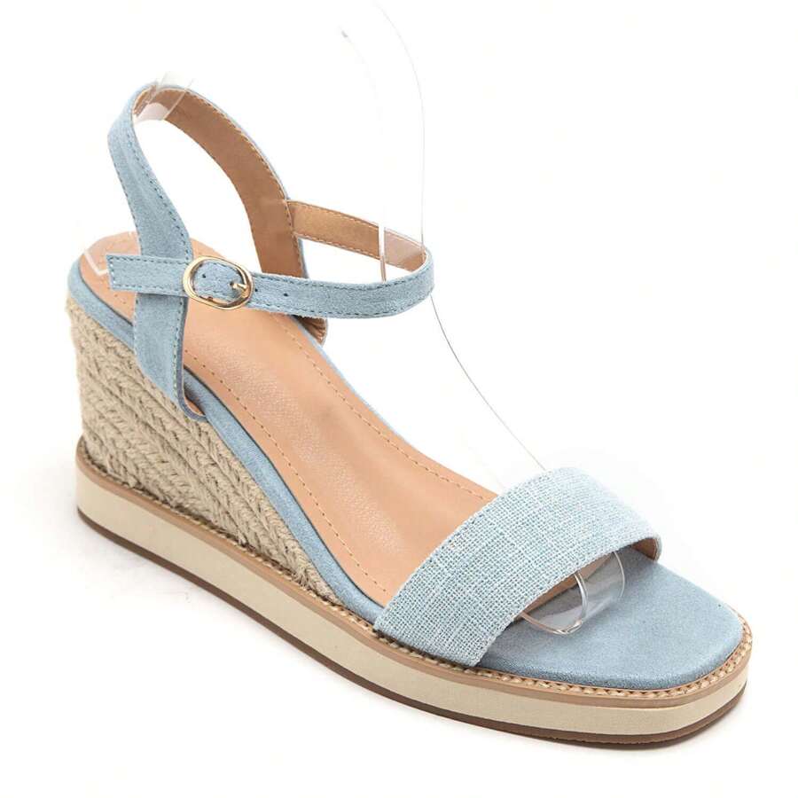 Wedge Sandals With Buckle Strap And Rhinestone Decor - Blue - View 1