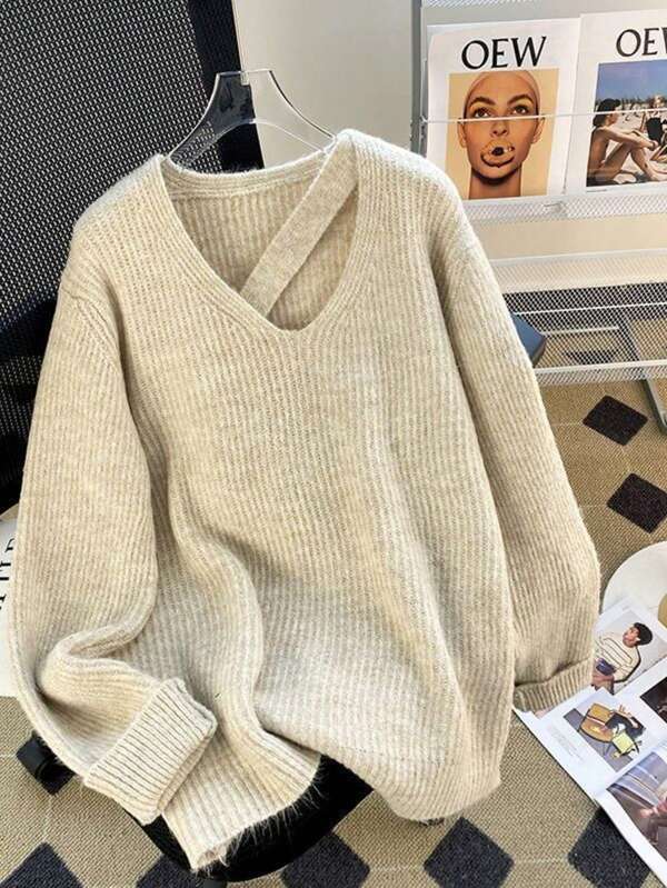 V-Neck Hollow Out Pullover Sweater For Women, Thick Fabric, Design, Loose Fit, Suitable For Autumn/Winter