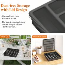 Fast Delivery Lifewit Silverware Organizer With Lid, Covered Utensil Tray Kitchen Drawer And Countertop, Plastic Cutlery And Flatware Storage Box Spoons Forks Knives Holder, 6 Compartments, Black Quality Assurance 9GUQ - màu đen - Xem 12