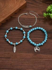 Set de 3 pulseras con cuentas con diseño de cabeza de caballo y hojas estilo vaquero occidental con apariencia de turquesa - Multicolor - Ver 3