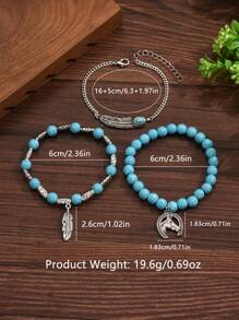 Set de 3 pulseras con cuentas con diseño de cabeza de caballo y hojas estilo vaquero occidental con apariencia de turquesa - Multicolor - Ver 5