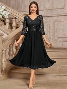 MIUSOL 优雅V领亮片花卉蕾丝荷叶边雪纺七分袖长款晚礼服 - 黑色 - 查看 4