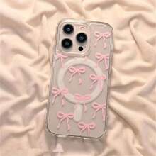 A Phone Case Suitable For IPhone 16 15 14 13 12 11 Pro Max Featuring A Pink Bow Design And Supporting Wireless Charging It Is Made Of Acrylic Material