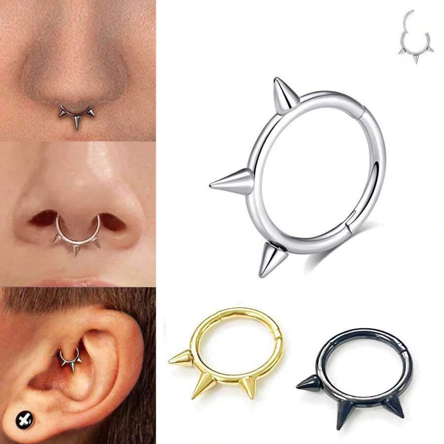 1PC Punk Septum Nose Ring Hoop G23 Titanium Hypoallergenic Hinged Lip Ring 16G 18K Gold Plated Spiked Nose/Lip Puncture, Cartilage Earring,Hoop Nostril Piercing Jewelry For Unisex ,Black Helix Tragus Ear Lobe 8mm 10mm Women And Men Body Pierecing Jewelry