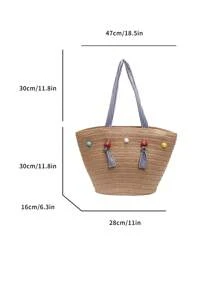Women's Straw Woven Tote Bag, Shoulder Bag, Beach Bag, Spring - Khaki - View 7