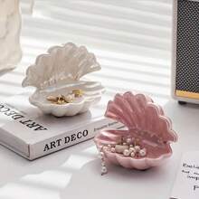 1 pieza Bandeja de joyería de cerámica con forma de concha, estilo decorativo artístico, soporte multiusos en forma de medio círculo para llaves y joyas para la entrada/tocador, decoración del hogar, regalo pensado para madre/amiga - Regalo de boda, bandeja de joyería