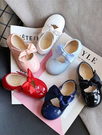 1 Pair Girls' Shiny Bow Decor Patent Leather Flats, Non-Slip Soft Bottom Princess Shoes To Match Skirts, Suitable For Toddlers/Little Kids In Spring/Autumn