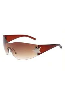 1pc Frameless Sleek Retro Y2K Style Fashion Sunglasses, Wrap-Around Sporty Rimless Women Shades, Glasses For Festival, Outdoor, Travel, Summer, Beach Accessories - 棕色 - 查看 2