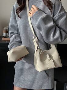 Fashionable Minimalist PU Leather Shoulder Tote Bag With Detachable Inner Pouch, Adjustable Strap, Versatile Women Handbag For Commute, Shopping, Makeup, Girlfriend/Valentine's Day Gift, Japanese Style