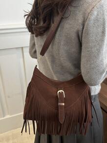 1个棕色光滑PU皮革拉链流苏装饰时尚百搭休闲斜挎包，适合女性日常使用 - 咖啡棕 - 查看 9