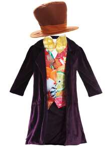 Boys Willy Wonka Costume Chocolate Factory Boss Fancy Dress World Book Day Character Kids Purple Velour Jacket, Candy Waistcoat, Gold Giant Bow Tie And Brown Top Hat - Costume only - View 2
