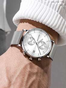 GUANQIN 1 pieza Reloj luminoso impermeable con cronógrafo, calendario, esfera, resistente al desgaste, correa de malla de acero inoxidable milanesa, moda negocios, lujoso, deportivo, clásico, sencillo, casual, estilo mecánico, hombres, automático, de cuarzo, adecuado para el Día de San Valentín, festivales, citas, negocios, regalos