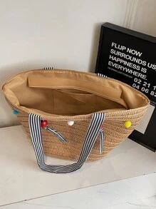 Women's Straw Woven Tote Bag, Shoulder Bag, Beach Bag, Spring - Khaki - View 3
