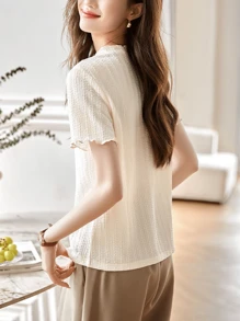 YUXIN 纹理V领荷叶边衬衫，夏季新款百搭优雅T恤短袖上衣 - 杏色 - 查看 3