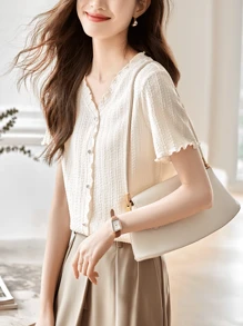 YUXIN 纹理V领荷叶边衬衫，夏季新款百搭优雅T恤短袖上衣 - 杏色 - 查看 5