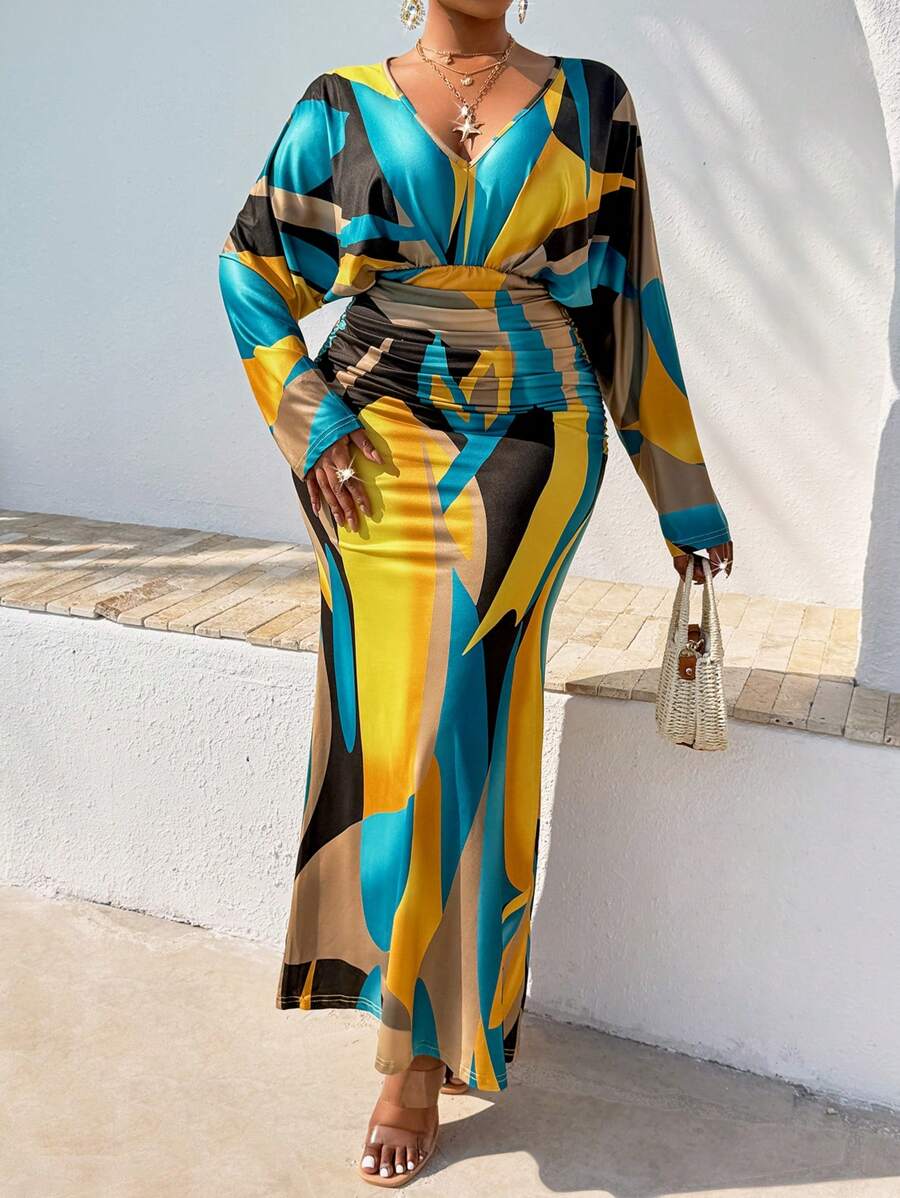 BIUBIU Vestido de manga de murciélago plisado con cintura de unicolor para mujer de talla grande, ropa para exteriores con estampado geométrico