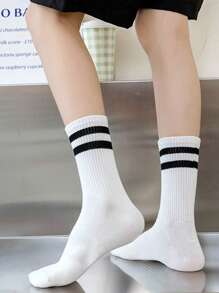 20 Pairs Men's Simple Fashionable Double Stripe Pattern Mid-Calf Socks, Casual And Versatile For Daily Wear