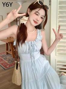 [Y6Y] Women's Elegant Backless Tie Strap Dress | Pair With Cardigan For Autumn, Waist-Cinching Soft Flowing Dress