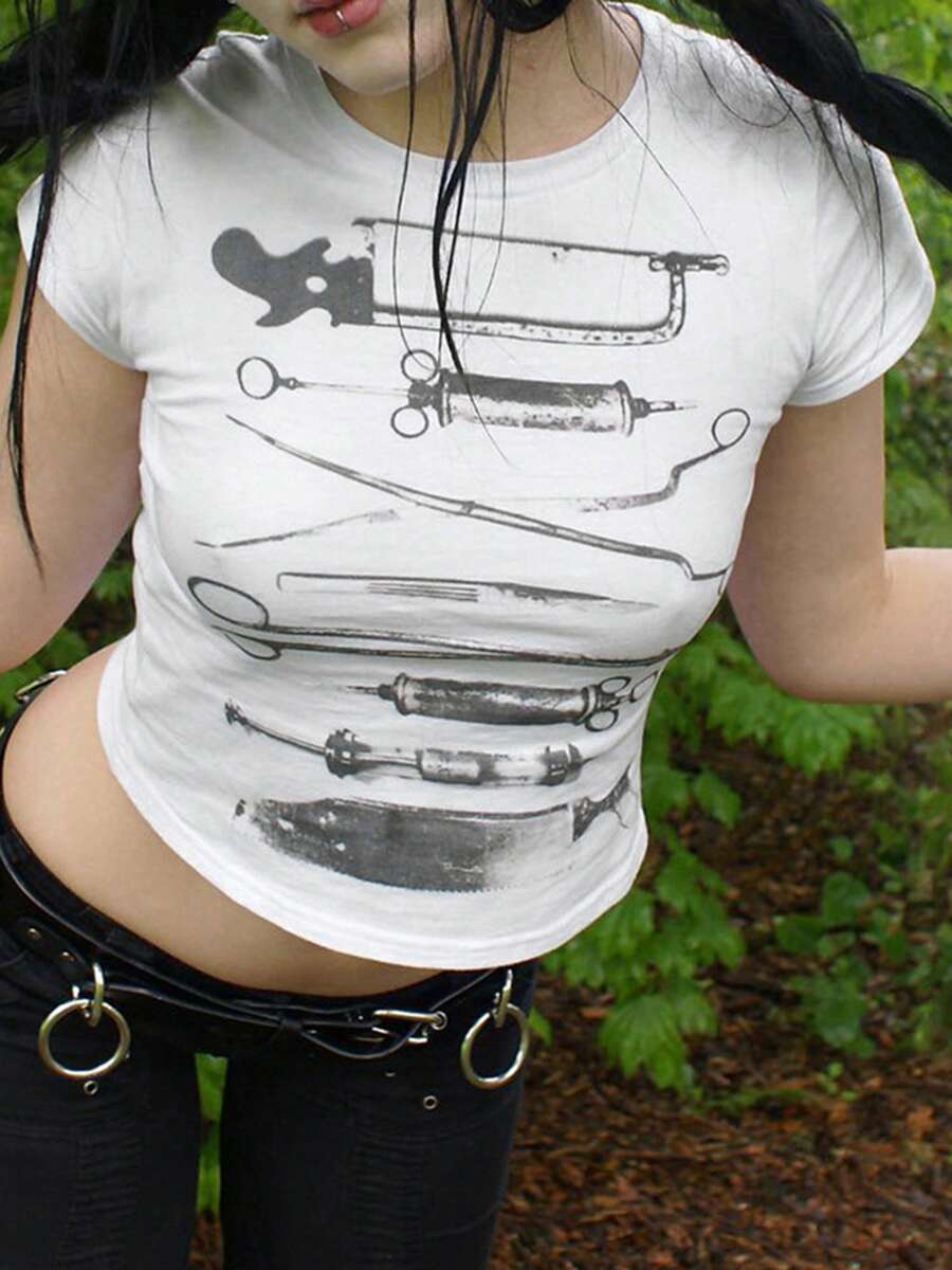 Women Y2K Personalized Print Crop Tops Short Sleeve Round Neck Casual T-Shirts Summer Slim Fit Shirts Streetwear - 白色 - 查看 1