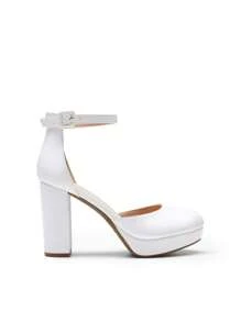 Women's Platform High Chunky Heels Pumps Closed Toe Block Ankle Strap Solid Color Comfortable Fashionable Bridal Party Wedding Dress Shoes - 白色 - 查看 7