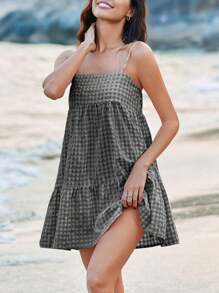 Wome's Plaid A Line Dresses Shoulder Straps Ruffle Hem Casual Mini Dress With Side Pocket - 黑色 - 查看 2