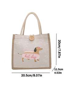 腊肠犬印花手提包，大容量手提包，时尚单肩包可重复使用印花女士手提包，双手柄购物书包，休闲手提包，适合女士休闲手提包购物，完美的礼物创意女士亚麻大容量手提包 - 彩色 - 查看 5