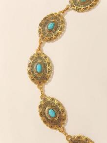 Retro Oval Floral Retro Pattern Faux Vintage Silver Waist Chain, Versatile Metal Waist Belt For Dresses And Pants - Golden Sapphire - View 2