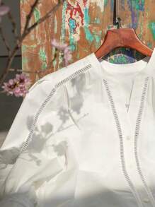 Women's White V-Neck Simple Lantern Sleeve Blouse Top - White - View 2