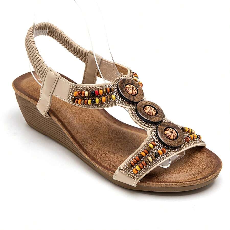 Summer Fashion Crystal & Pearl Decor Wedge Heel Thong Sandals - Krem - View 1