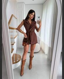 BLAZER Jumpsuit VEST Tailored Tank Top Short Sleeve Social Elegant And Casual Jumpsuit Blogger Shorts Skirt Summer Fashion Pastel Tones Cand Collors 2024 - 鏽棕色 - 查看 1