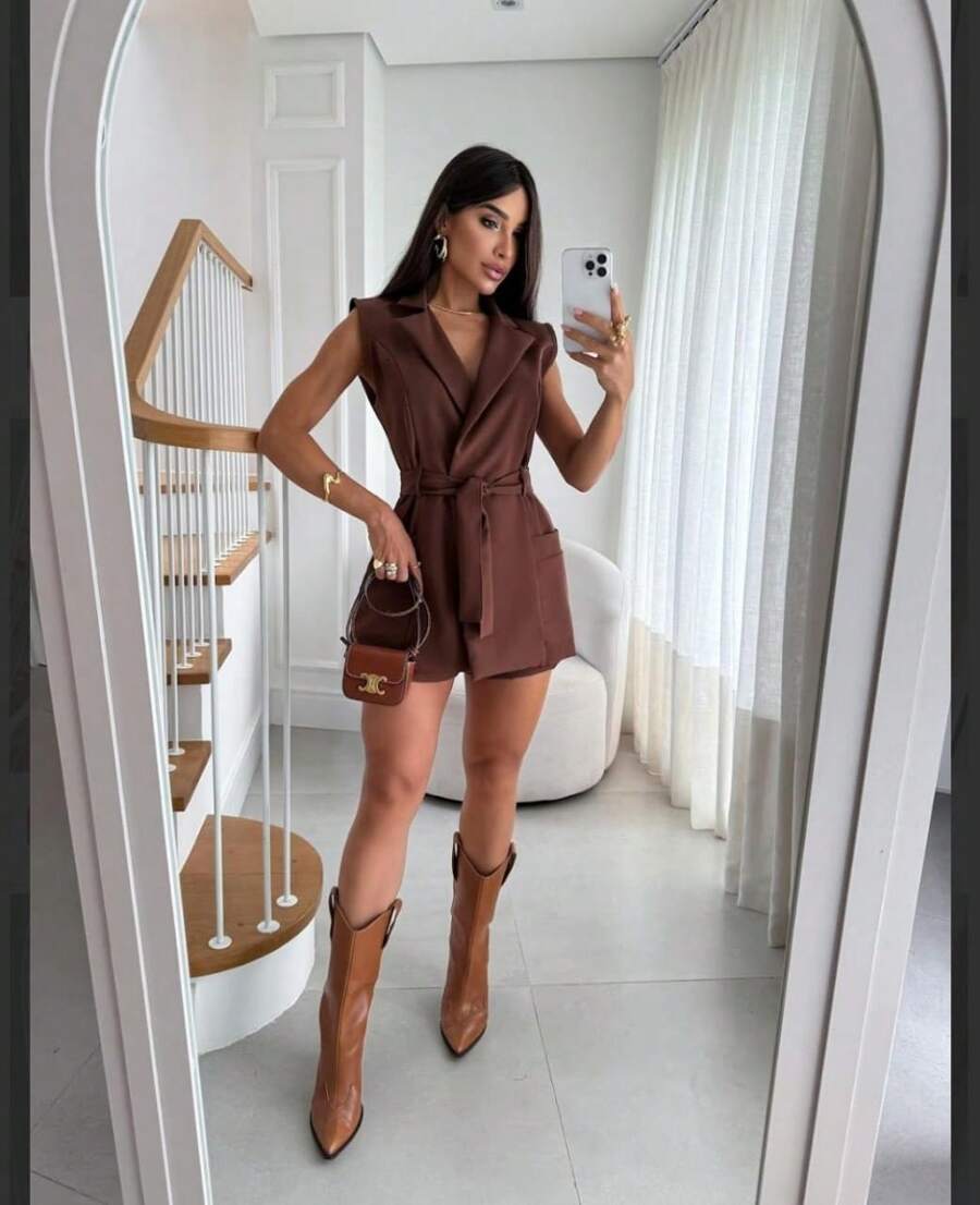 BLAZER Jumpsuit VEST Tailored Tank Top Short Sleeve Social Elegant And Casual Jumpsuit Blogger Shorts Skirt Summer Fashion Pastel Tones Cand Collors 2024 - 鏽棕色 - 查看 1