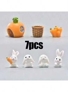 7pcs/5pcs Cute Rabbit Decor Set, Easter Decor For Table, Garden Succulent Planter Figurine, Resin Rabbit & Tree Micro Landscape Ornament Gifts Birthday Graduation - Multicolor - View 1