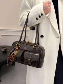 New Bread Knot Pendant Multi-Pocket Pillow Bag, Fashionable Colorful Underarm Bag, Attractive Retro Minimalist High-Quality Women Shoulder Bag, Versatile For Daily, Commute, Shopping, Vintage Style , Office - Coffee Brown - View 6